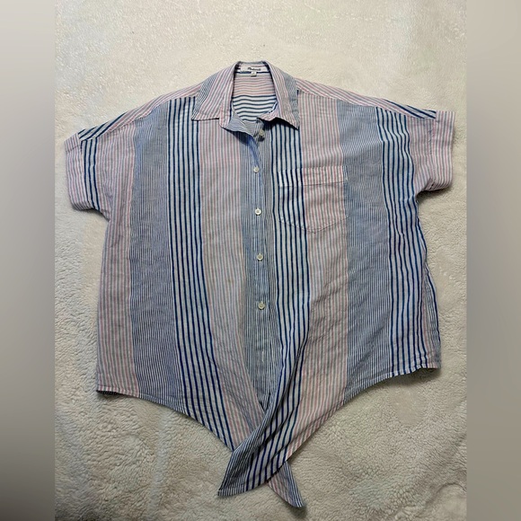 Madewell Short-Sleeve Tie-Front Shirt in Rawley Stripe Tulum Blue Sz XS - Picture 3 of 7